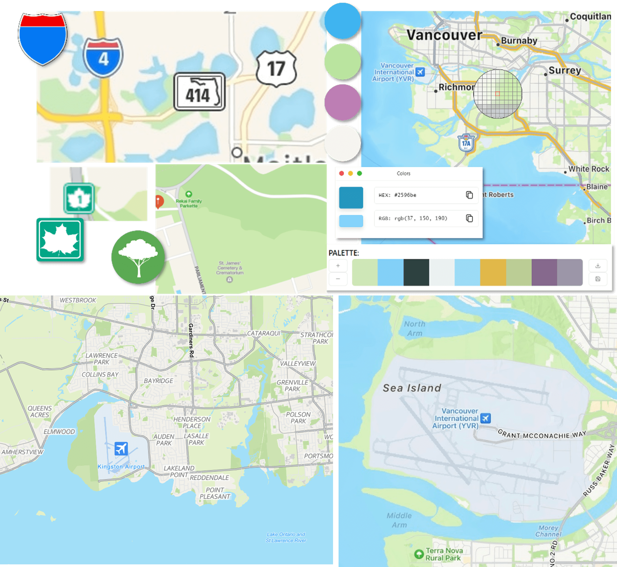 Captures d’écran de la version de la carte communautaire du Canada avec le style Apple Maps, comparée à une capture d’écran des cartes Apple Maps originales. Les deux cartes web arborent un style très léger et net. Captures d’écran de la création d’imitations de symboles (arbres, écussons de route, etc.) et de l’extraction de la palette de couleurs de la carte.