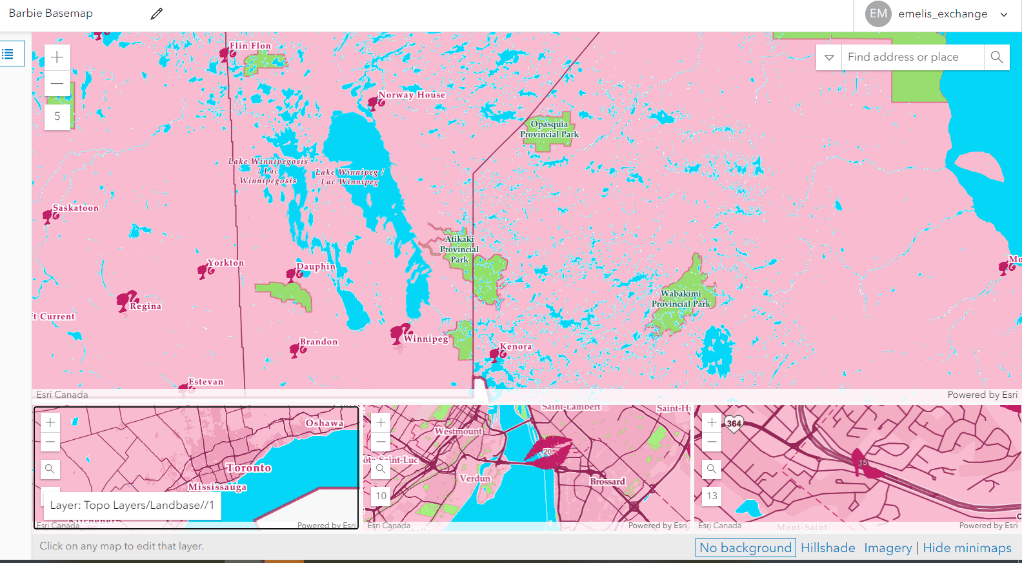 Capture d’écran de l’interface de l’outil ArcGIS Vector Tile Style Editor, qui montre le volet principal d’édition de la carte et des trois mini-cartes. La carte est rose vif, bleue et verte pour les masses terrestres et aquatiques. Les icônes sont des talons roses, des traces de rouge à lèvres et des têtes de poupées Barbie.