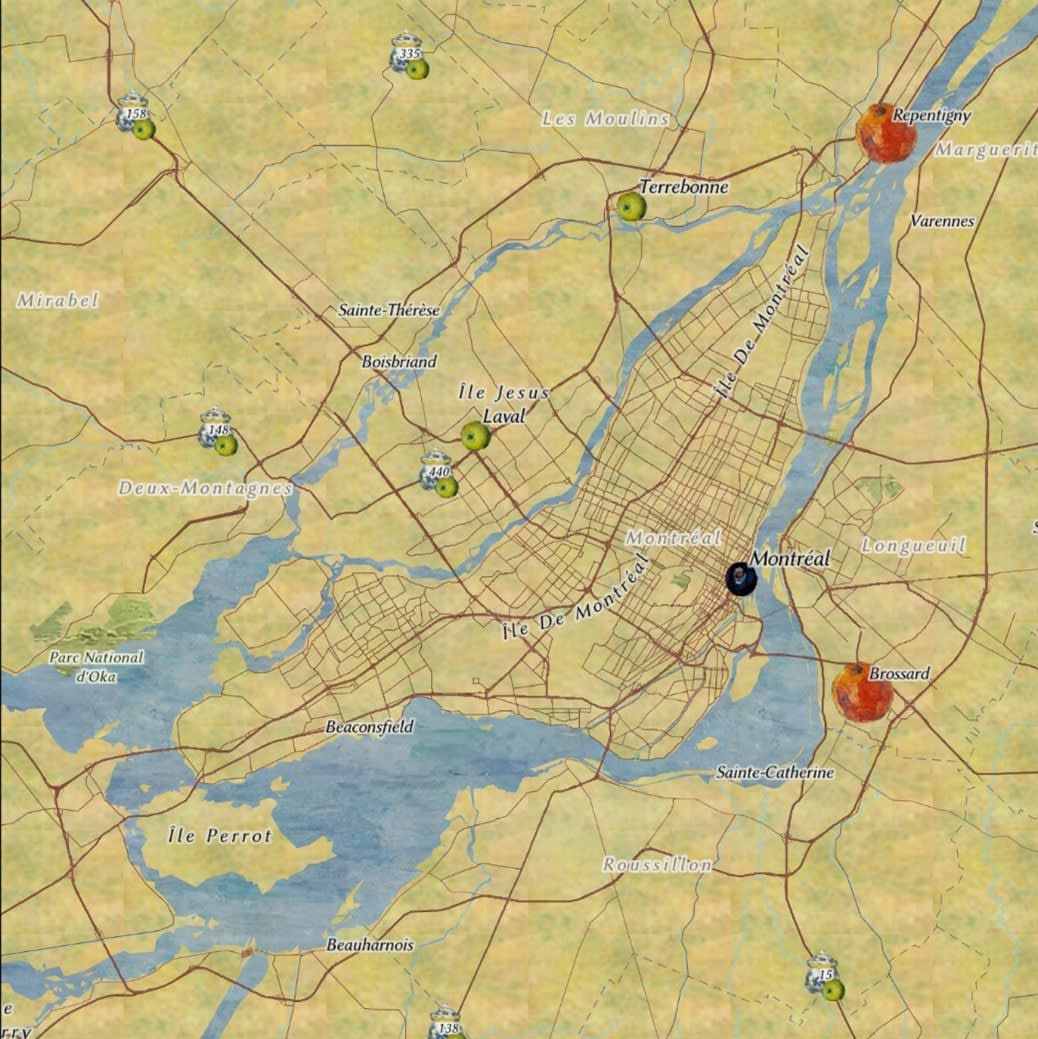 Carte de Montréal, Québec. L’arrière-plan du territoire porte la couleur et la texture d’une peinture à l’huile de Paul Cézanne. Le territoire est jaune-vert pâle, et l’eau est bleu pâle. Les municipalités sont symbolisées par des fruits, et les autoroutes par des fruits et des tasses de thé.