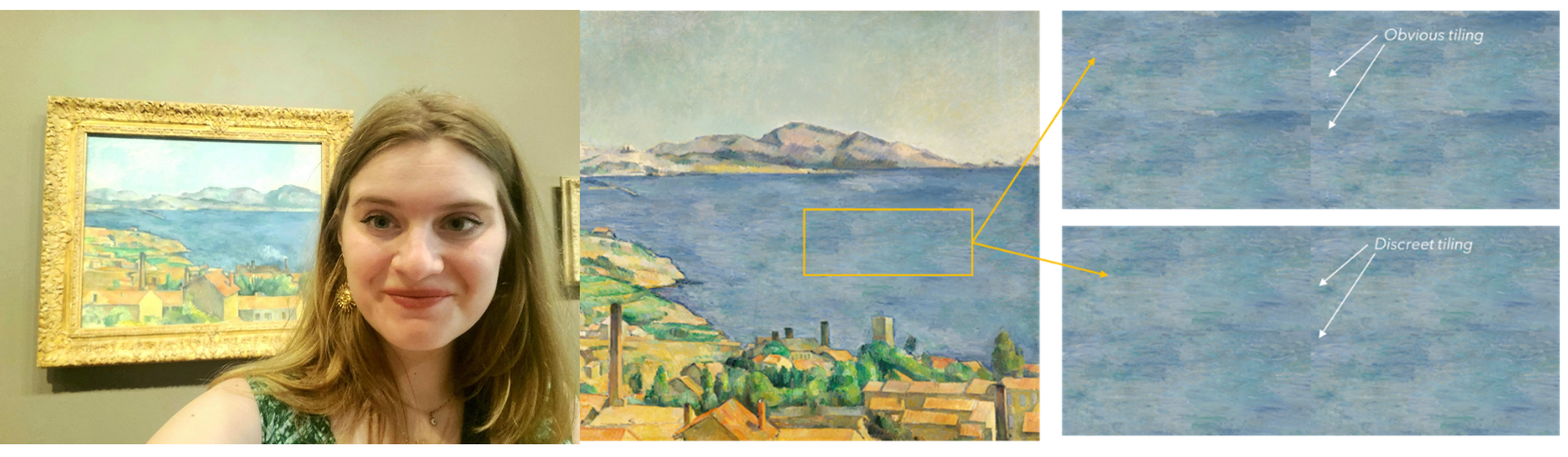 Three images. The first is a selfie of a women in the foreground with a painting in the background showing an oil painting of a Mediterranean seaside village. The middle image is a close-up of a similar painting with a digital rectangle extracting part of the artwork of the sea. The image on the right shows different attempts to tesselate and to turn the pattern extract into a repeatable pattern.