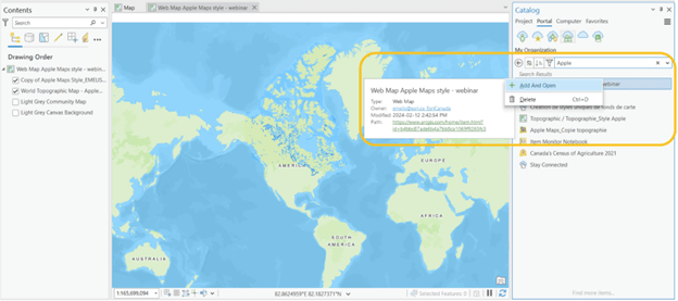 Screenshot of finding and adding the basemap style in ArcGIS Pro