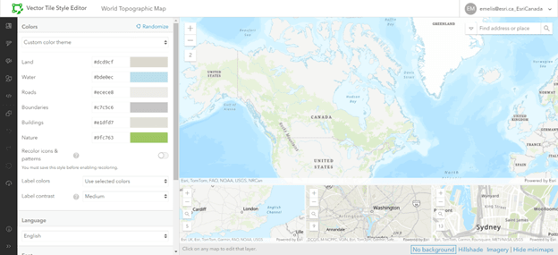 Capture d’écran de l’interface de l’outil Vector Tile Style Editor. Celle-ci comprend une carte principale, des mini-cartes et un volet d’édition à gauche.