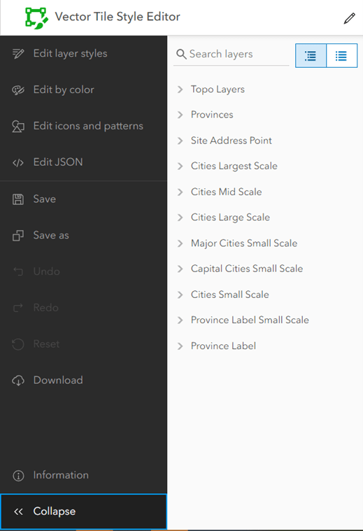 Capture d’écran de l’interface de l’outil ArcGIS Vector Tile Style Editor. L’on y voit le volet d’édition des couches, ainsi que toutes les couches.