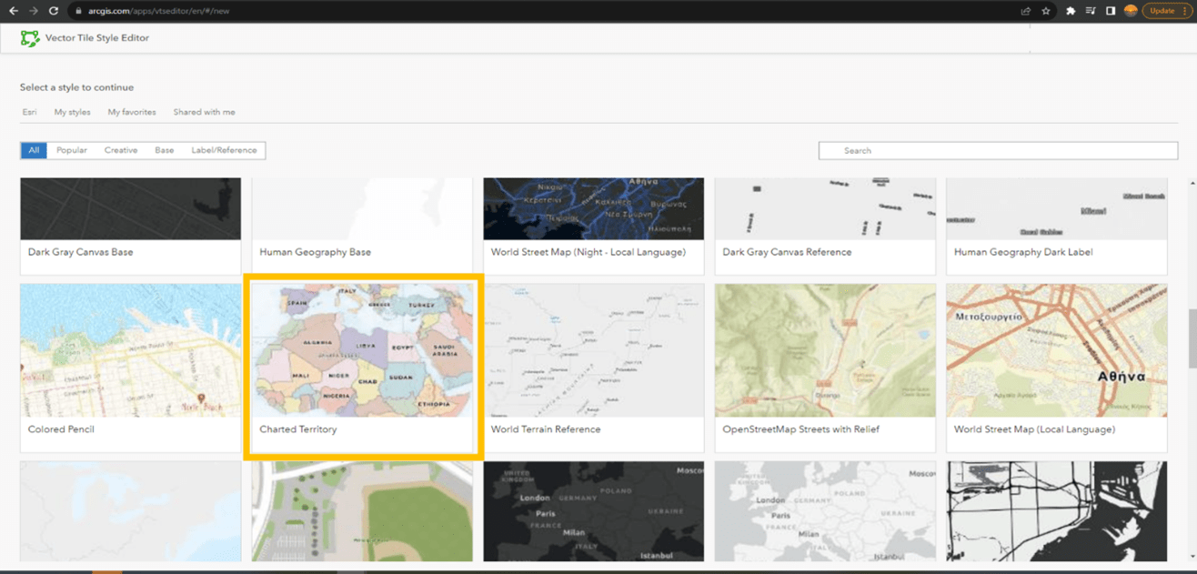 A screenshot showing how to choose the Charted Territory Basemap option in the ArcGIS Vector Tile Style Editor. 