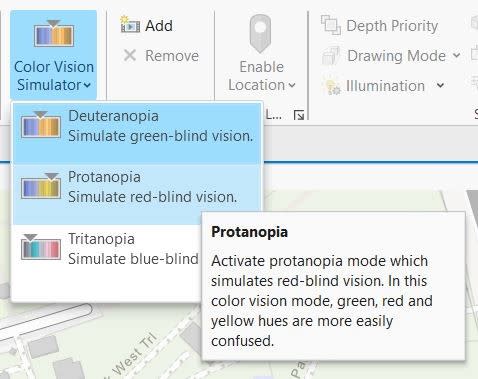 Capture d’écran montrant l’outil Colour Vision Simulator d’ArcGIS Pro, qui permet de simuler trois déficiences de vision des couleurs (la deutéranopie, la protanopie et la tritanopie), toutes entraînant une visibilité différente des couleurs.