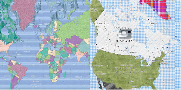 On the left, a map that looks like stained glass. On the right, a map designed to resemble a patchwork quilt.  