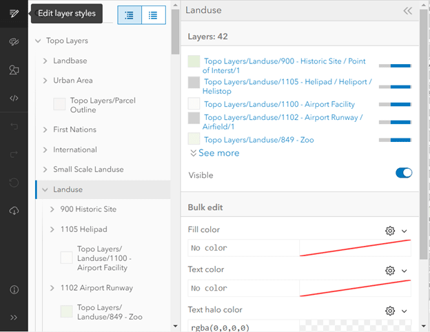 A screenshot showing how edit layer styles (in bulk and layer by layer) in the Layer Editing Pane of the ArcGIS Vector Tile Style Editor.