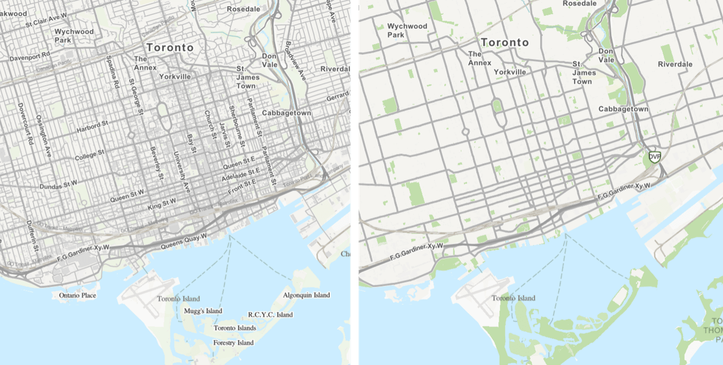 Capture d’écran montrant une juxtaposition de deux cartes : l’une est un fond de carte topographique ordinaire, et l’autre a été simplifiée pour en réduire l’encombrement visuel. 