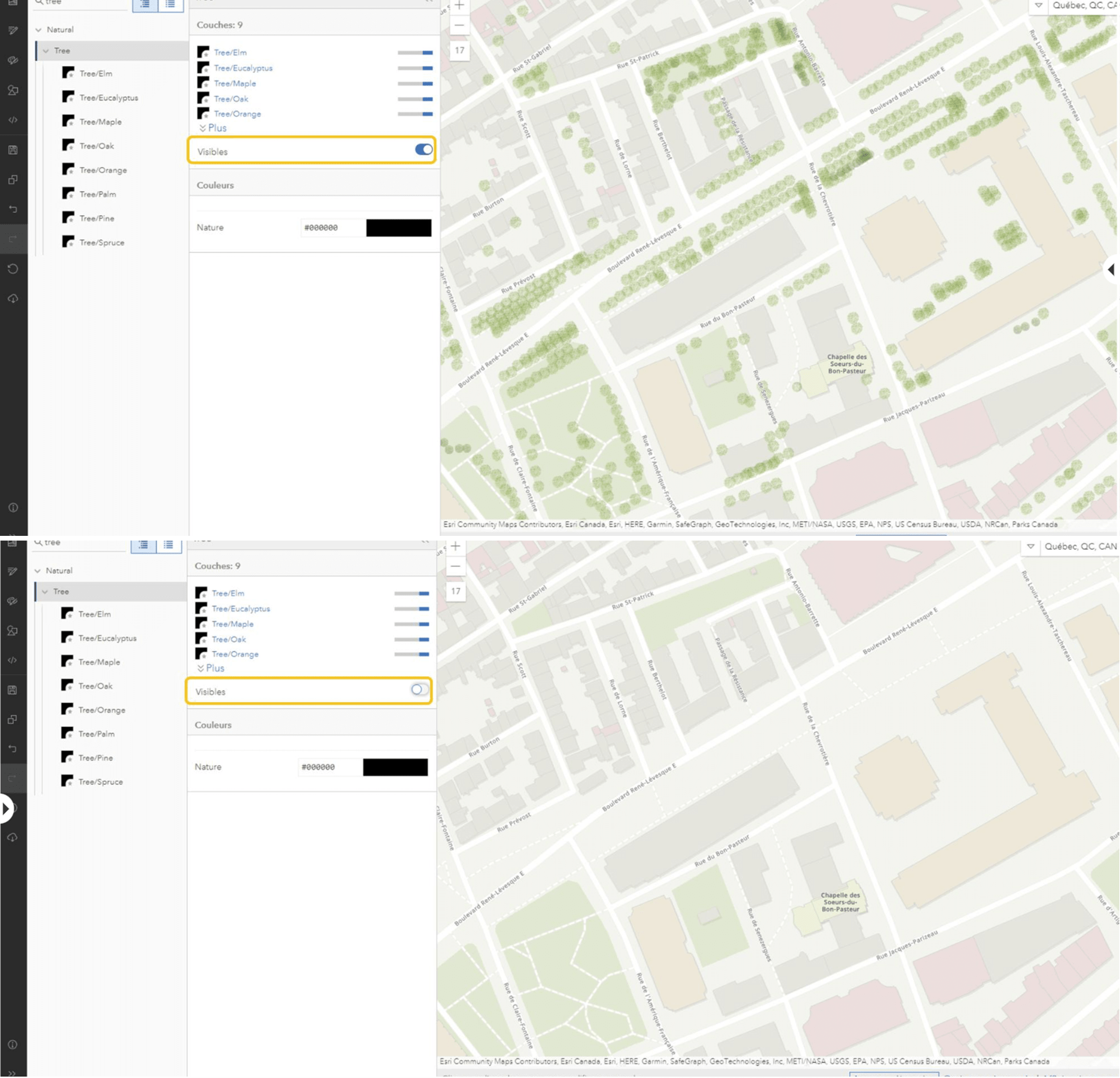 Use the Visibility toggle bar to set the visibility of a layer – on the top layer, the trees are visible. On the bottom image, the trees are no longer visible. 