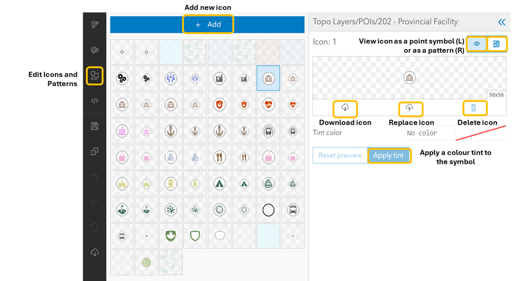 A screenshot showing how to replace and download icons in the ArcGIS Vector Tile Style Editor