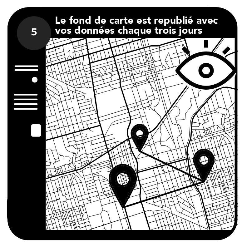 Étape 5 du manuel d’assemblage montrant la carte communautaire du Canada republiée tous les trois jours avec les données communautaires et rendant visibles les nouvelles entités. 