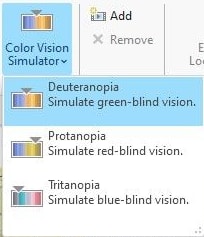 A screenshot taken in ArcGIS Pro, which simply shows the Color Vision Simulator menu, with options to simulate deuteranopia (green-blind vision), protanopia (red-blind vision) and tritanopia (blue-blind vision). The deuteranopia option is currently highlighted.