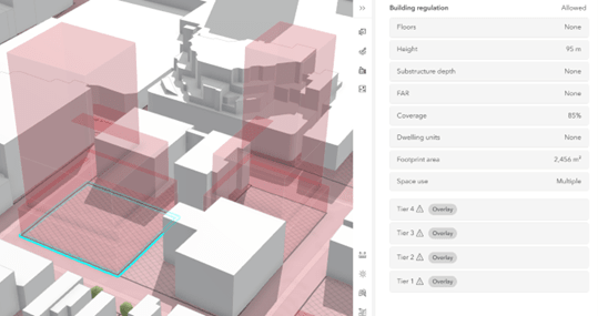 ArcGIS Urban : bâtiments diaphanes, accompagnés à droite par un volet affichant les règlements de construction