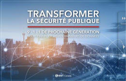 Couverture du livre électronique intitulé « Transformer la sécurité publique – 9-1-1 de prochaine génération : solutions pour les fournisseurs de données » montrant un paysage urbain au crépuscule avec des superpositions numériques symbolisant la connectivité et le rôle des technologies avancées dans la sécurité publique. Au bas de la couverture figure le logo d’Esri Canada.