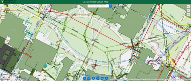 The University of Saskatchewan Campus Infrastructure Management Dashboard displays underground utilities such as watermains on a map along with building footprints, parking, and road networks. It has tools to find information about infrastructure elements. 