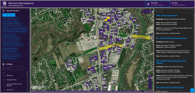 The Western University Service Interruption Dashboard has filters for the type of interruption and buildings in a panel to the left of the map and start and end date selectors above the map. Information about current interruptions is listed in a panel to the right of the map. 