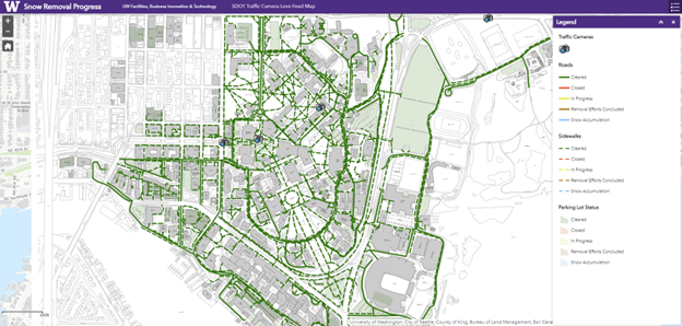 This University of Washington’s Snow Removal Progress app displays the current status of snow removal on campus roads, sidewalks and parking lots. It also shows the locations of traffic cameras on campus. 