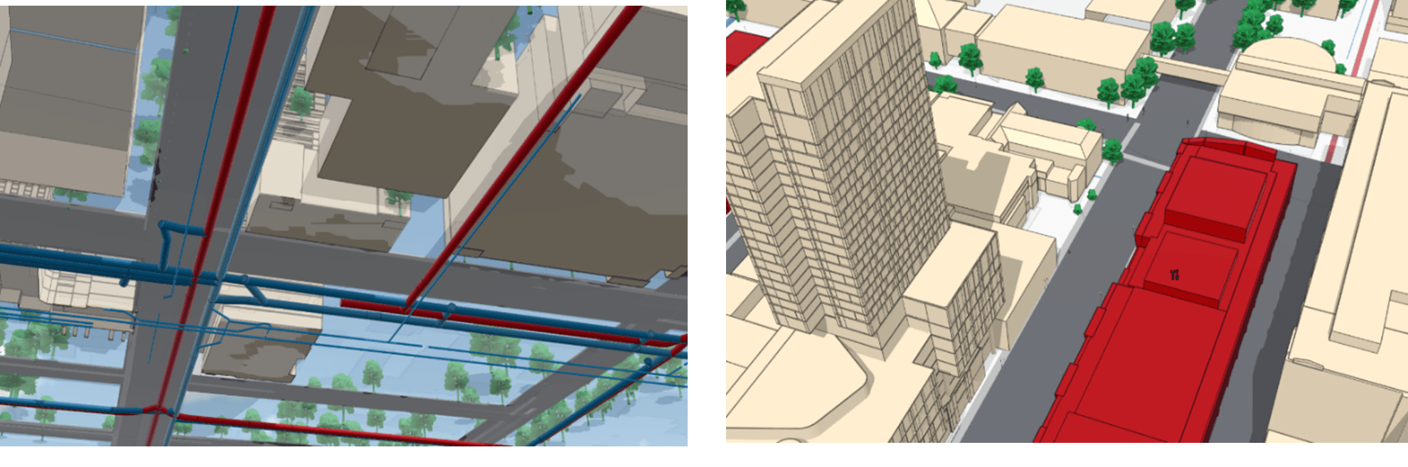 This left image is a view of the model from below ground, showing watermains and other underground campus utility networks. The right image is a view of the model from above one of the campus buildings. Campus buildings are red to differentiate them from surrounding neighbourhood buildings.