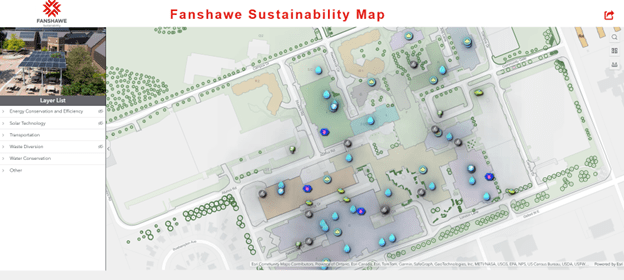 La carte de durabilité du collège Fanshawe indique l’emplacement sur le campus des éléments liés à la conservation de l’énergie, à la technologie solaire, au transport actif, au réacheminement des déchets, à la conservation de l’eau et à d’autres mesures de durabilité. Les utilisateurs sélectionnent les entités à afficher dans la liste de couches située à gauche de la carte.