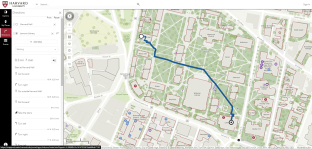 Harvard University’s Indoor Viewer in 2D mode with an example of directions for navigating between two buildings on campus. Text directions are displayed in a panel to the left of the map and the path to follow is displayed on the map. The viewer also includes tools to find specific types of locations, such as accessible entrances, and upcoming events on campus, and to save locations.