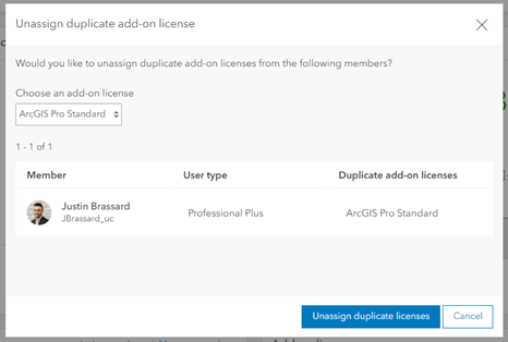 This menu shows you a list of all duplicate add-on licenses that must be unassigned by the administrator