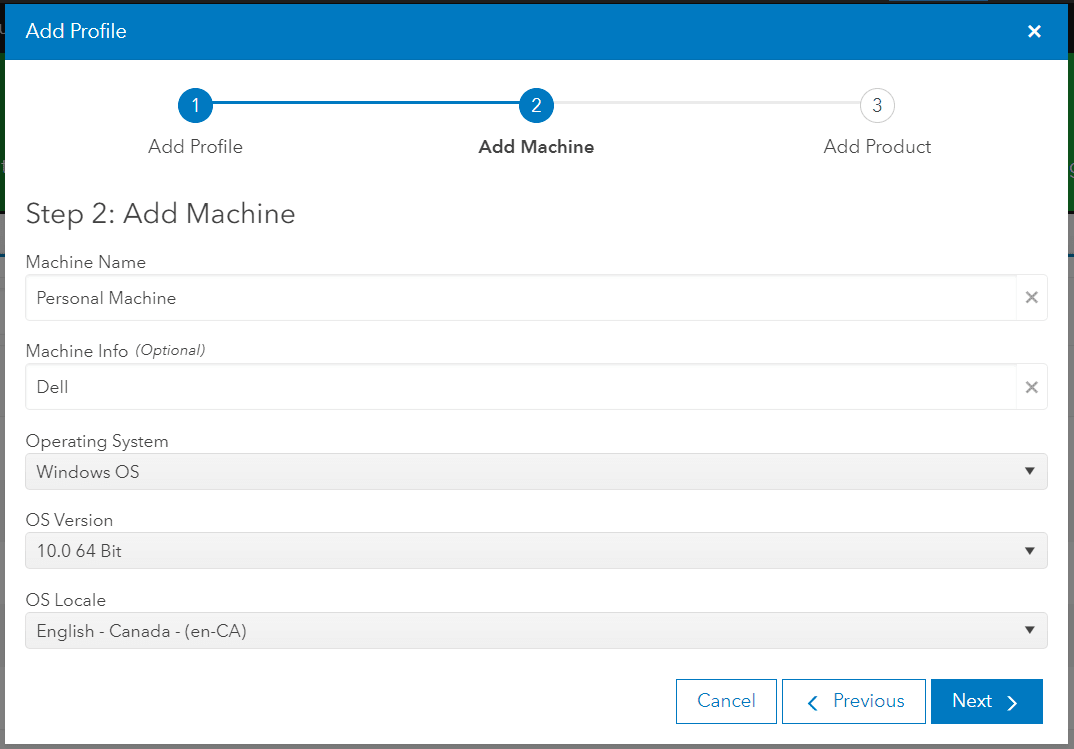 Deuxième étape de la page Create System Profile (créer un profil système), avec les options Machine Name (nom de la machine), Machine Info (renseignements sur la machine), Operating System (système d’exploitation), Operating System (version du système d’exploitation) et OS Locale (langue du système d’exploitation).