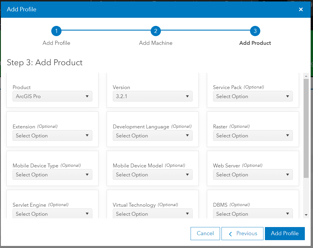 Step three of the Create System Profile page, including all of the technical options for the Product itself.