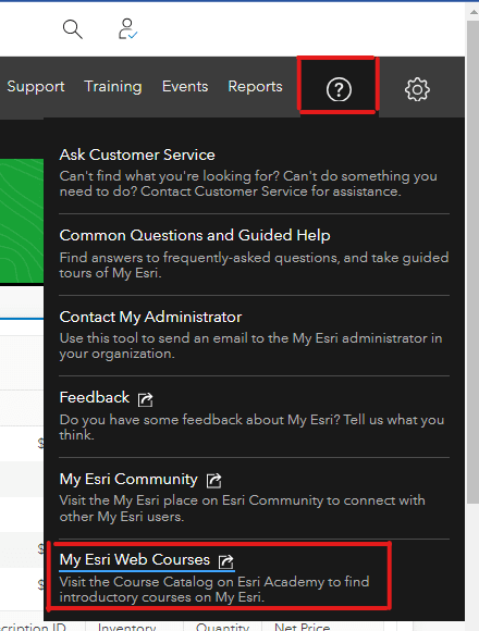 Help menu is selected by clicking on the question mark icon, with the Common Questions and My Esri Web Courses option highlighted.