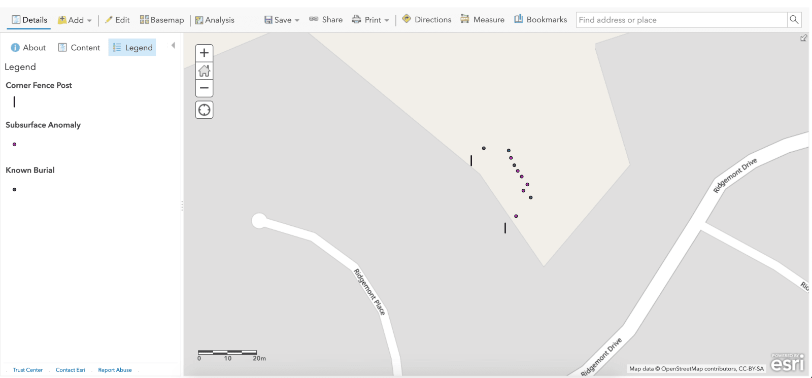 Capture d’écran d’ArcGIS Pro montrant de possibles sépultures de pensionnats autochtones.