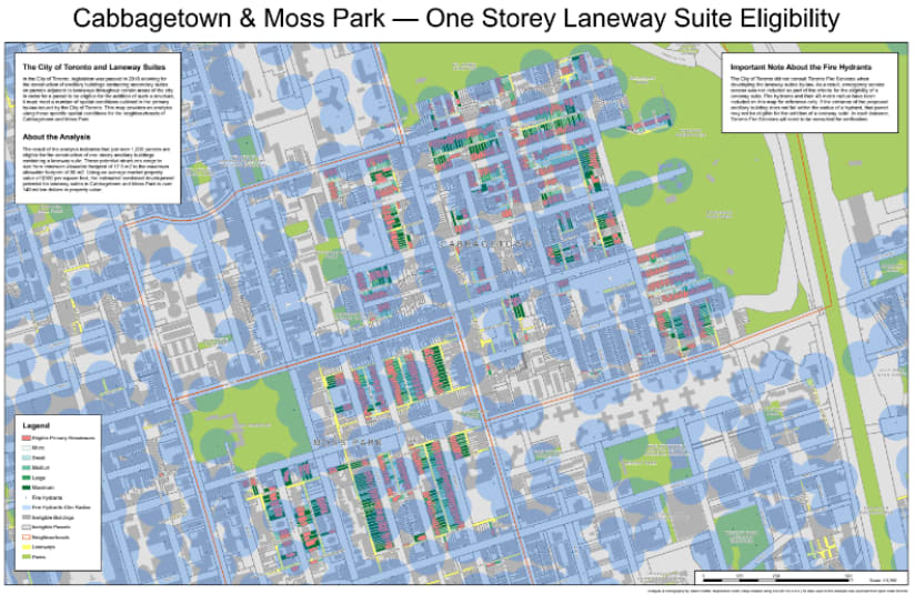 Une carte de Cabbagetown et de Moss Park qui montre quels terrains sont admissibles à la construction d’une maison de ruelle d’un étage.