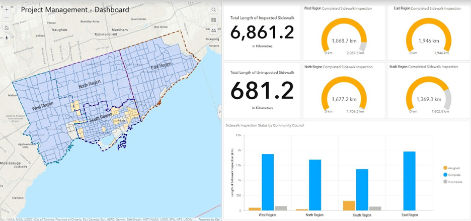 Un tableau de bord montrant une carte d’une section de la région du Grand Toronto et des mesures émanant de l’inspection des trottoirs.