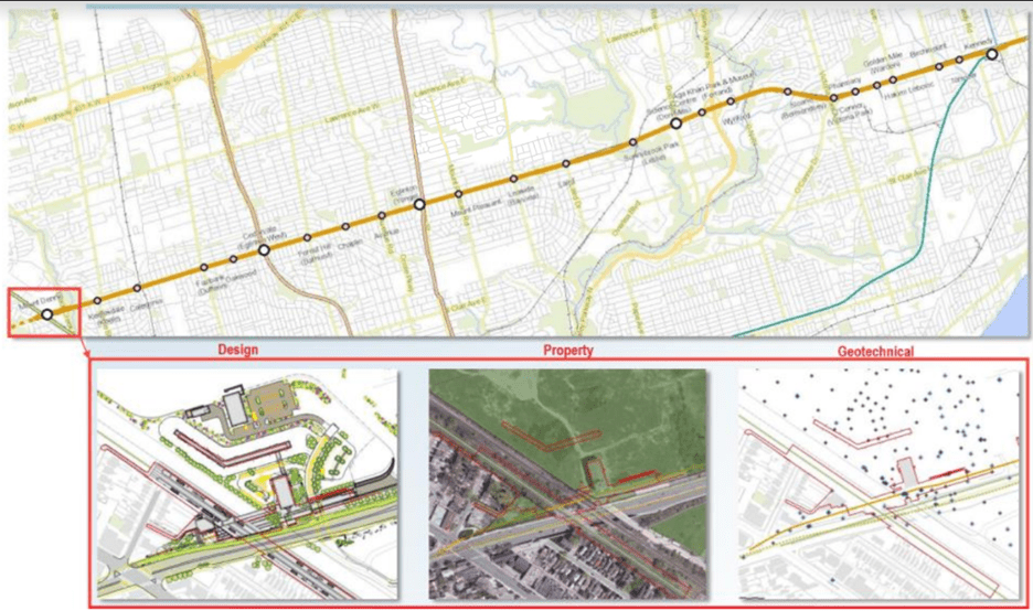 A screenshot showing a map of the Eglinton Crosstown line. There is a red box on the left end of the line which shows a more detailed view of the design and survey