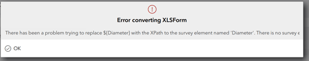 Un message d’erreur dans ArcGIS Survey123 avec un point d’exclamation rouge indiquant « Error converting XLSForm » (erreur de conversion de la feuille XLSForm). Sous le message se trouve l’instruction suivante : « b’ODK Validate Errors:\n>> Something broke the parser. See above for a hint.\n Dependency cycles amongst the xpath expressions ».