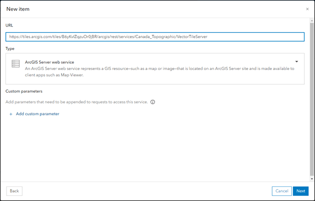 Ajout d’un nouvel élément à votre portail en collant l’URL REST d’un fond de carte vectoriel particulier dans le champ URL lors de la création d’un nouvel élément dans Portal for ArcGIS.
