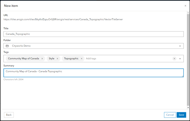 Invite à créer un titre, à sélectionner un dossier, à entrer des balises et à rédiger un résumé pour le nouvel élément dans Portal for ArcGIS.