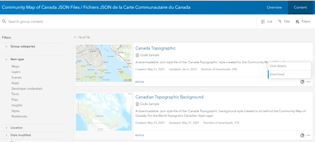 Page des fichiers JSON de la carte communautaire du Canada montrant les échantillons de code des cartes et arrière-plans topographiques du Canada.