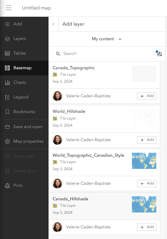 Les couches de tuiles nouvellement créées pour le fond de carte topographique du Canada affichée dans « My Content » (mon contenu) à ajouter au fond de carte dans Map Viewer