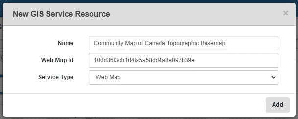 Fenêtre contextuelle servant à configurer une nouvelle ressource de service SIG dans Cityworks, y compris le nom du service et l’identifiant de la carte web, avec « Web Map » (carte web) sélectionné comme type de service.