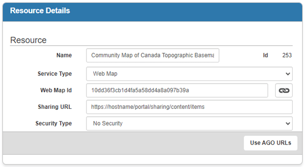 Fenêtre contextuelle permettant de configurer les détails de la ressource pour le service de carte web ajouté dans Cityworks.