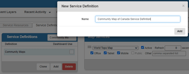 Fenêtre contextuelle permettant de nommer la nouvelle définition de services. Le nom qu’on y voit est « Community Map of Canada Service Definition » (définition de service de la carte communautaire du Canada). 