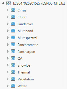 Un fichier texte de métadonnées Landsat 8 dans ArcGIS Pro intitulé « LC80470262015277LBN00_MTL.txt ». Les sous-sections de ce fichier sont étiquetées Cirrus, Nuage, Couverture terrestre, Multibande, Multispectral, Panchromatique, Affiné, AQ, Neige et glace, Thermique, Végétation et Eau.