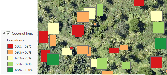 Une image montrant le résultat d’un modèle d’apprentissage profond formé pour trouver des cocotiers. Sur la gauche, une image aérienne avec de nombreux arbres verts dispersés dans un paysage. Les zones où des cocotiers ont été identifiés sont mises en évidence à l’aide de cases rouges, jaunes, orange, vert clair et vert foncé en fonction de la fiabilité du modèle (faible : rouge, élevée : vert). Il semble que de nombreux cocotiers aient été oubliés et n’aient pas été marqués avec des cases.