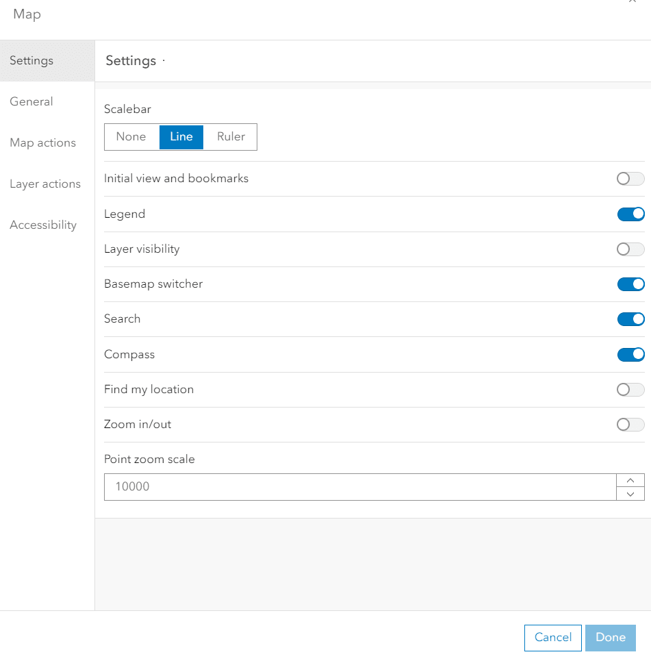Screenshot showing the configuration options for the Web Map within the Dashboard, such as a legend, scale bar, compass, etc.