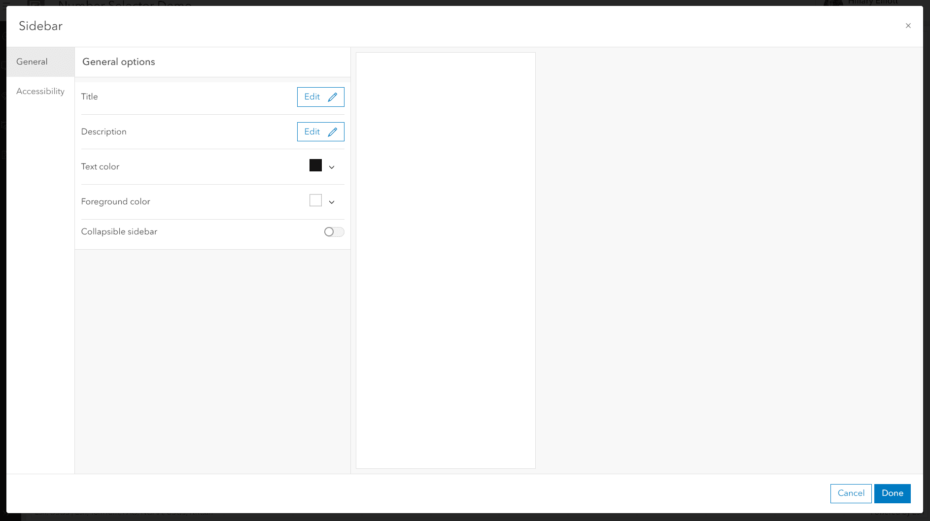 Screenshot showing the general configuration options for the Sidebar, such as title, description, text colour, etc.