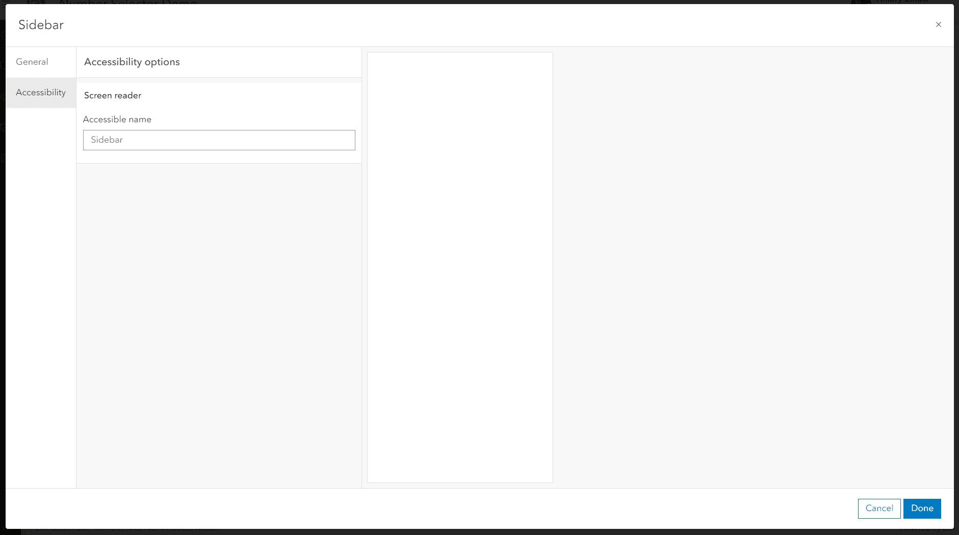 Screenshot showing the accessibility configuration options for the Sidebar, such as an accessible name