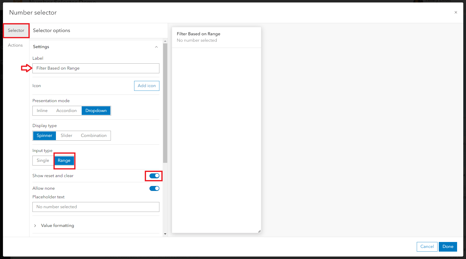 Screenshot showing the number selector settings, such as giving it the label “Filter based on range”, choosing ‘dropdown’ as the presentation mode, choosing ‘spinner’ as the display type, choosing ‘range’ as the input type, enabling the option to ‘show reset and clear’, etc.