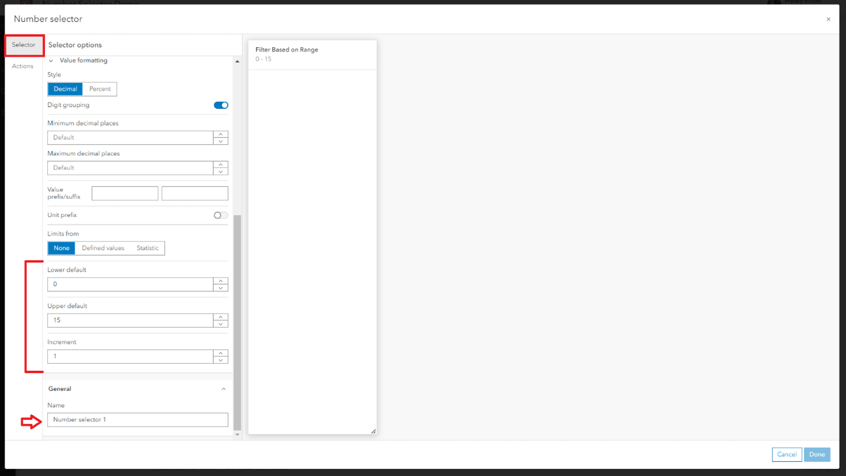 Screenshot showing the number selector settings (continued), with the value formatting left as the defaults and a range set from 0 to 15 (which is the range of values the number selector will use to filter the layers)
