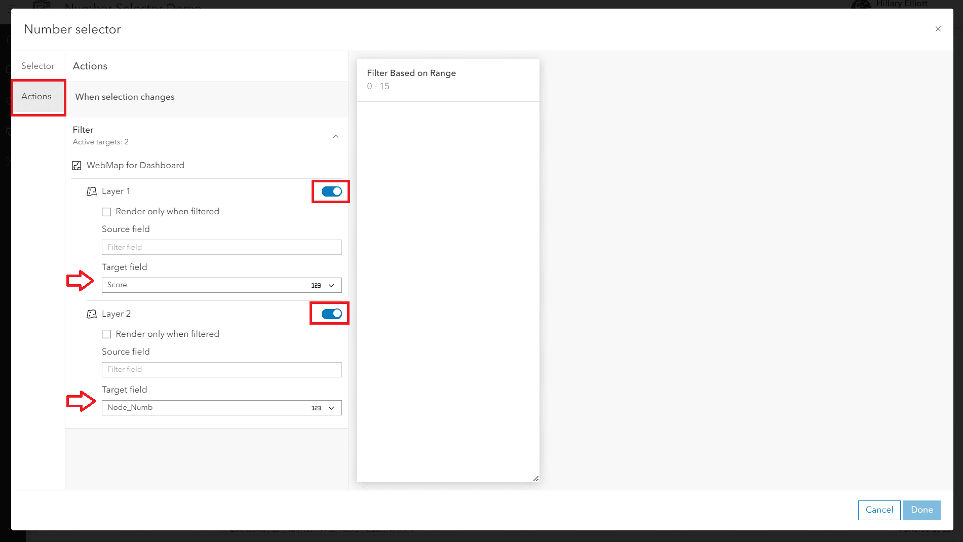 Screenshot showing the actions settings of the number selector, which is where the layers are enabled to be used by the number selector and the field is selected by which the number selector will use to filter the values based on the 0-15 range set previously