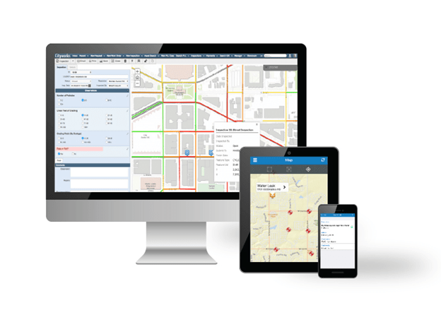 Cityworks software displayed on a computer monitor, tablet and smartphone, featuring a map interface for managing assets and work orders across various devices.