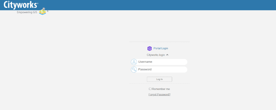 Screenshot of the Cityworks 23.x Companion Site login page, featuring fields for username and password.